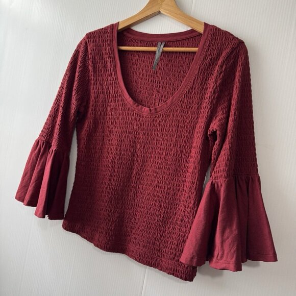 Anthropologie Smocked Bell Sleeve Top Shirt Blouse Wine Red Burgundy Sz Small - Picture 13 of 15
